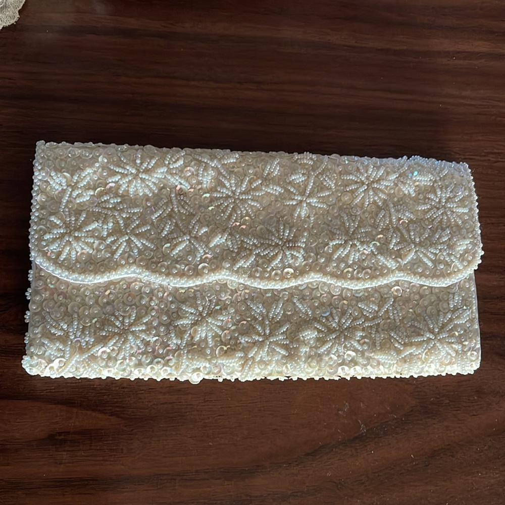 Vintage Ivory Satin Beaded Iridescent Sequin Clutch Evening Bag